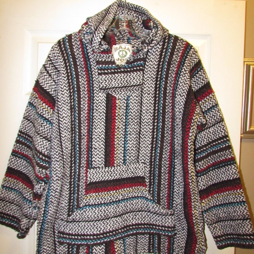 Baja Joe Striped Rug Pullover Hoodie Large Excellent Preowned Condition